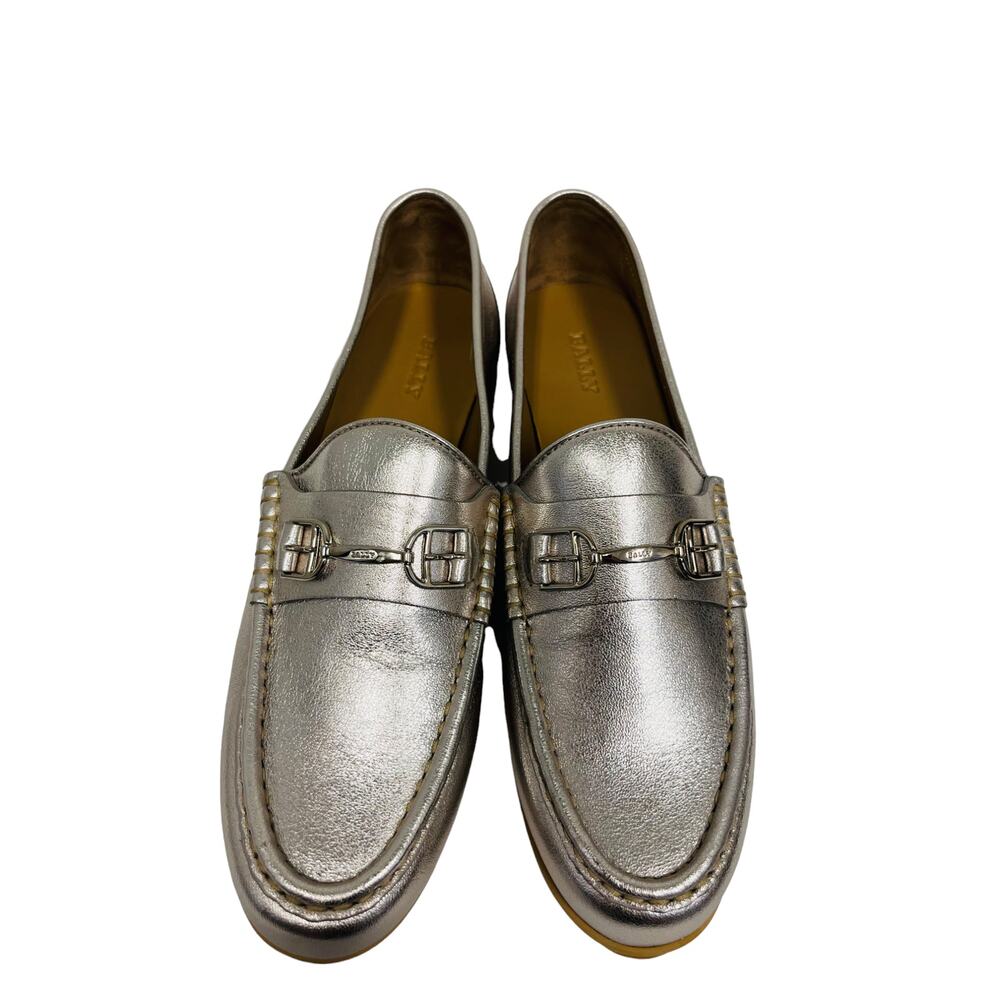 BALLY Silver Metallic Leather Manoela Buckle Accent Slip-On Loafers Flats 37 -7 - Picture 3 of 11